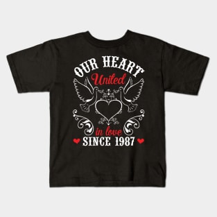 Husband Wife Our Heart United In Love Since 1987 Happy Wedding Married 33 Years Anniversary Kids T-Shirt